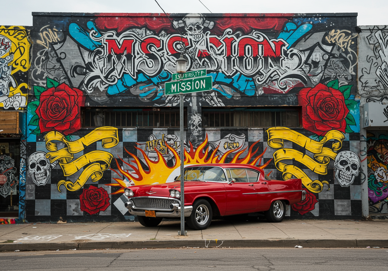 San Francisco mission district mural with a red car