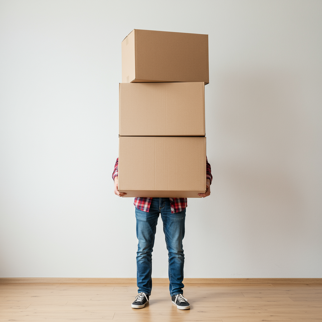 person struggling to carry a leaning tower of boxes