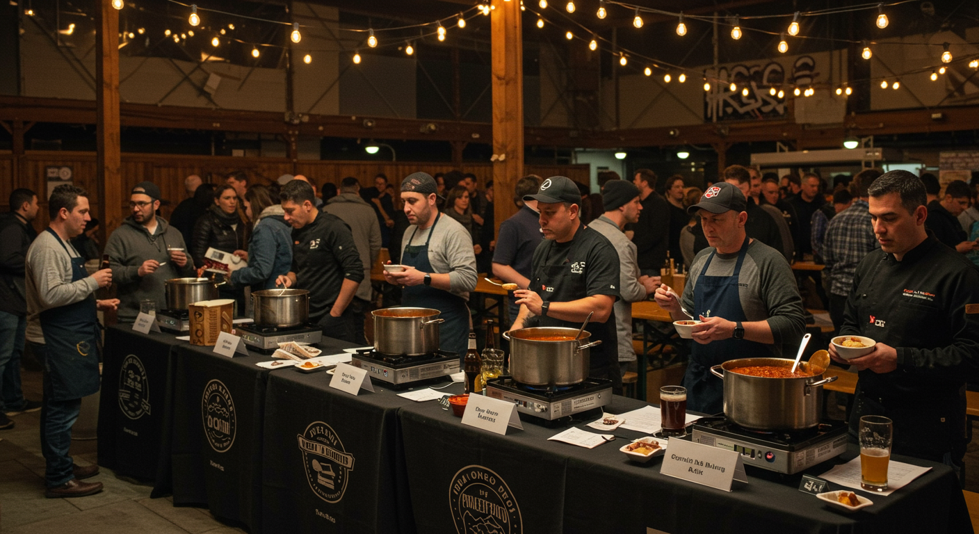 Men serve chili from large pots at a crowded indoor charity tasting event beneath string lights.