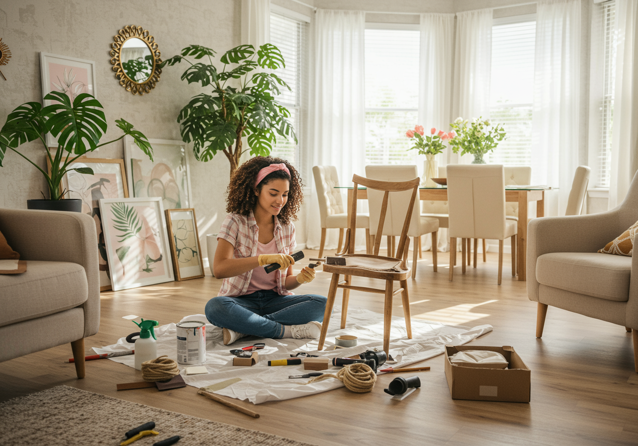 Young woman painting chair at home. Female is upcycling wooden seat She is kneeling on floor.