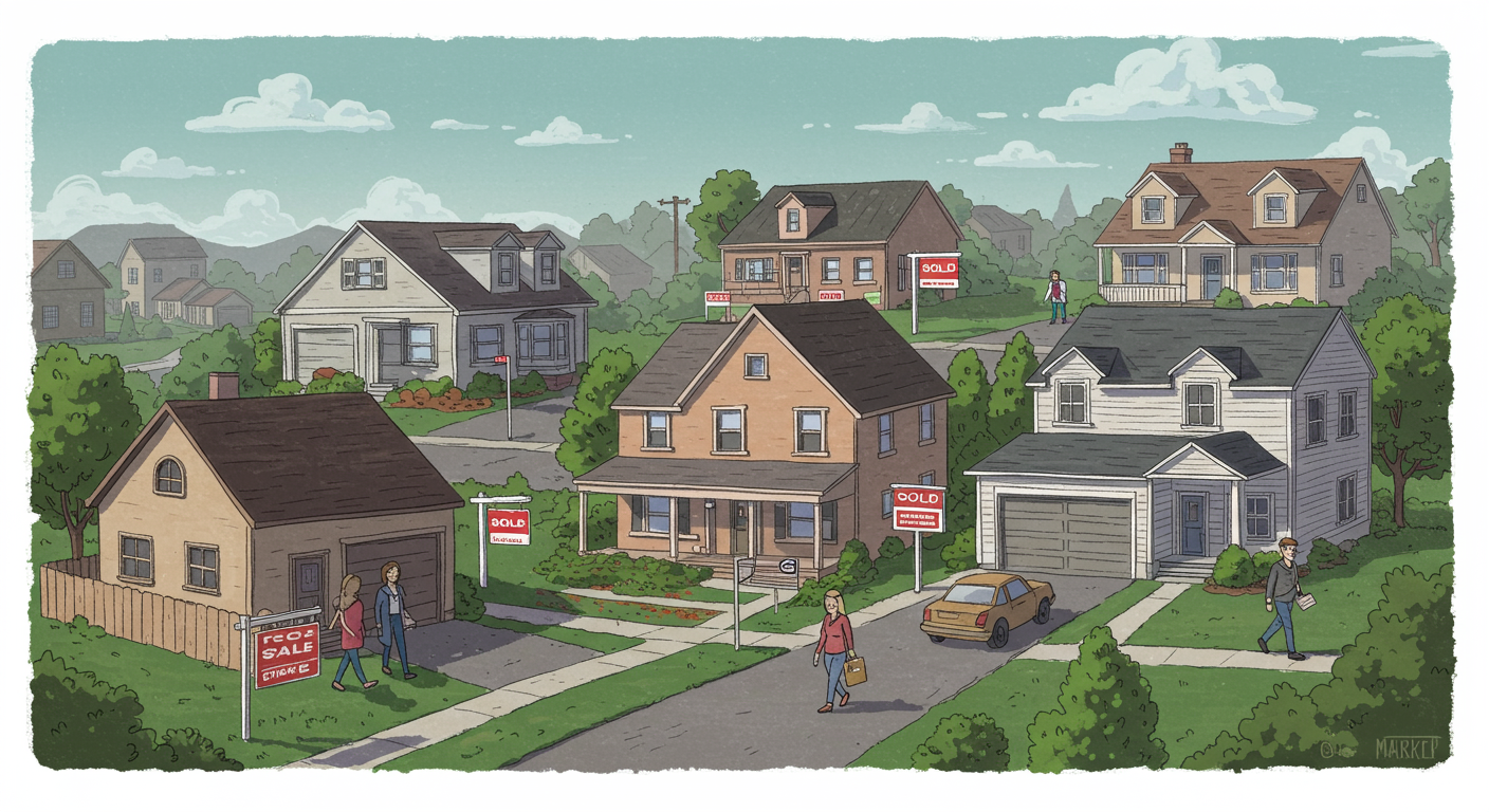 Illustrated residential neighborhood with houses, for-sale signs, sold signs, and people walking.