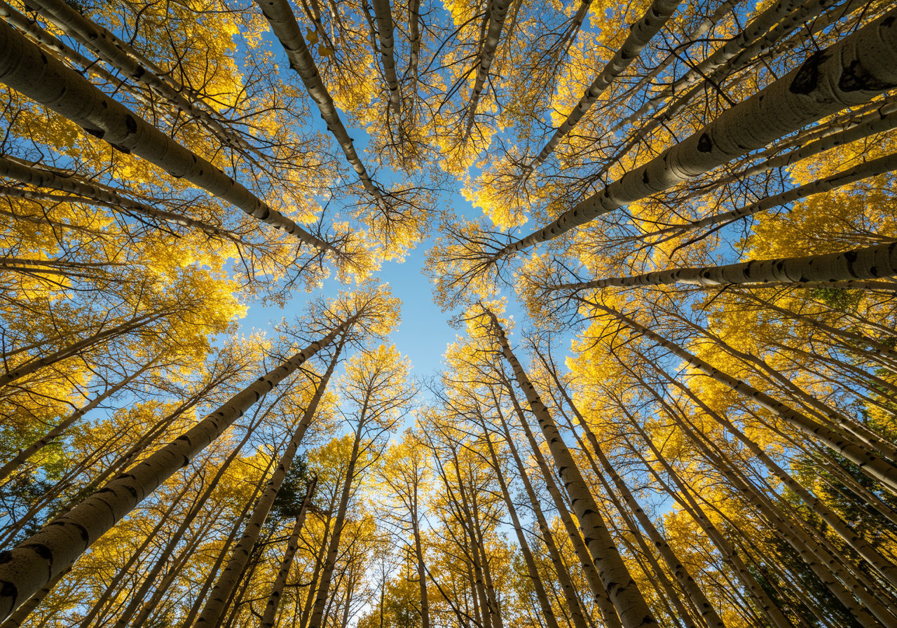 a view looking up at bright orange aspen trees in the fall with blue sky