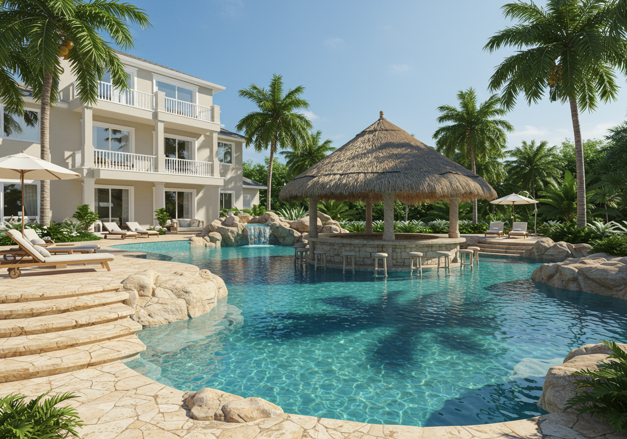 Luxury home backyard with palapa top swim up bar, pool, rock slide, and palm trees.