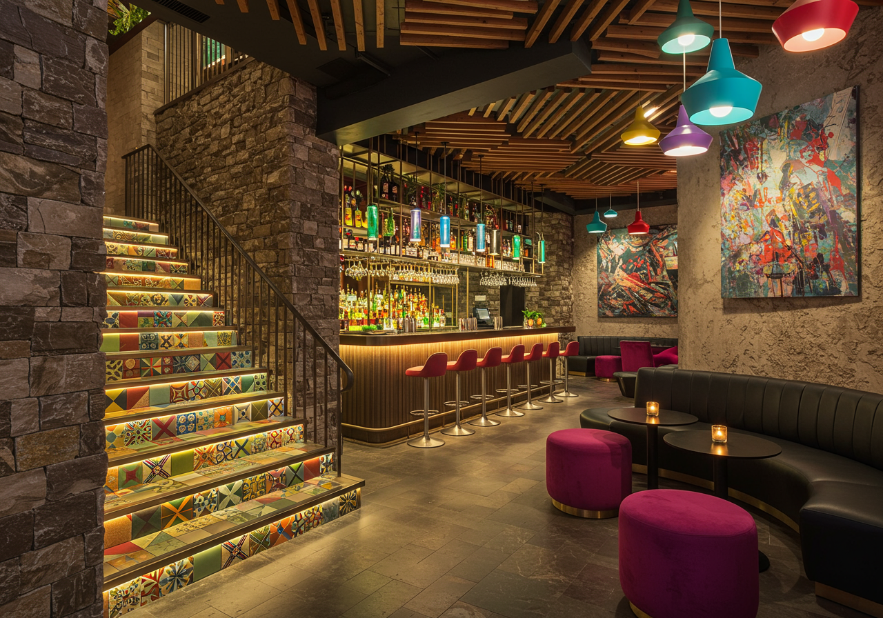 Bar lounge with a bottle-lined counter, colorful pendant lights, and patterned tile staircase.