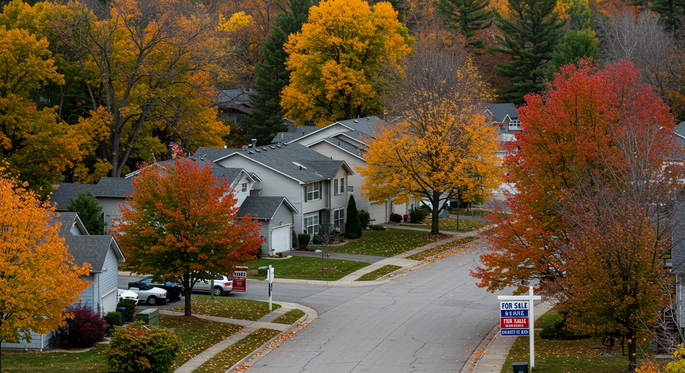 Residential street lined with houses and vivid autumn trees, with a for-sale sign by the road.