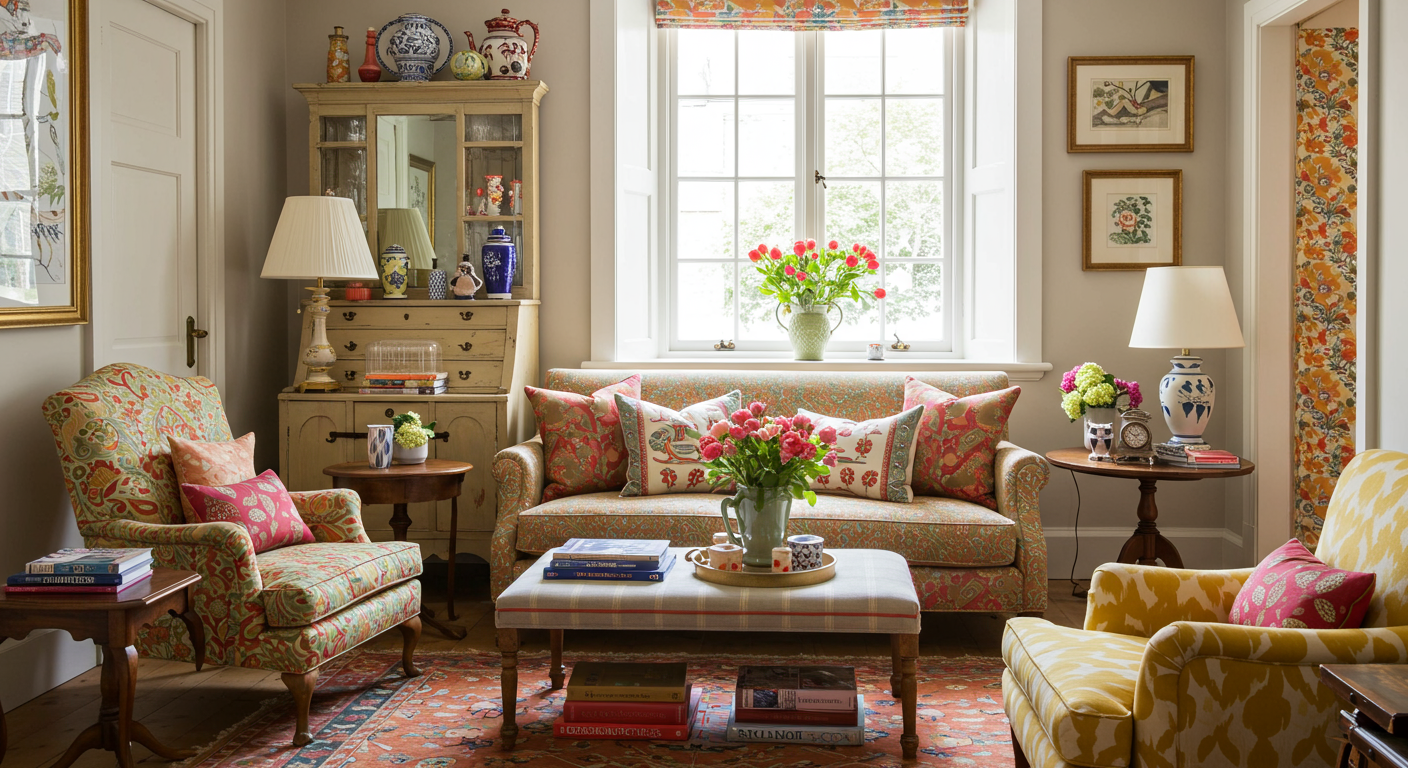 Living room with patterned seating, a bright central window, and colorful floral decor.