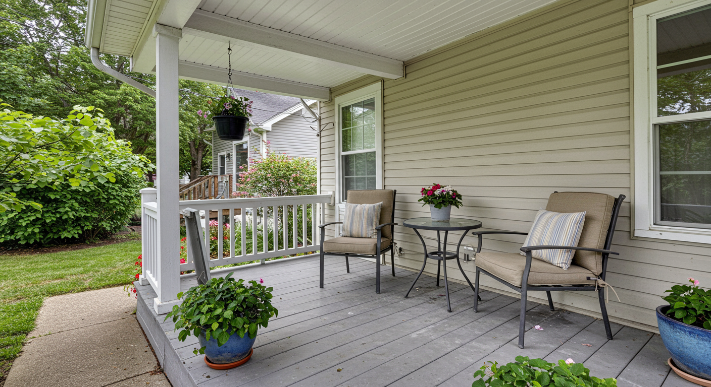 A cozy seating area outside a house