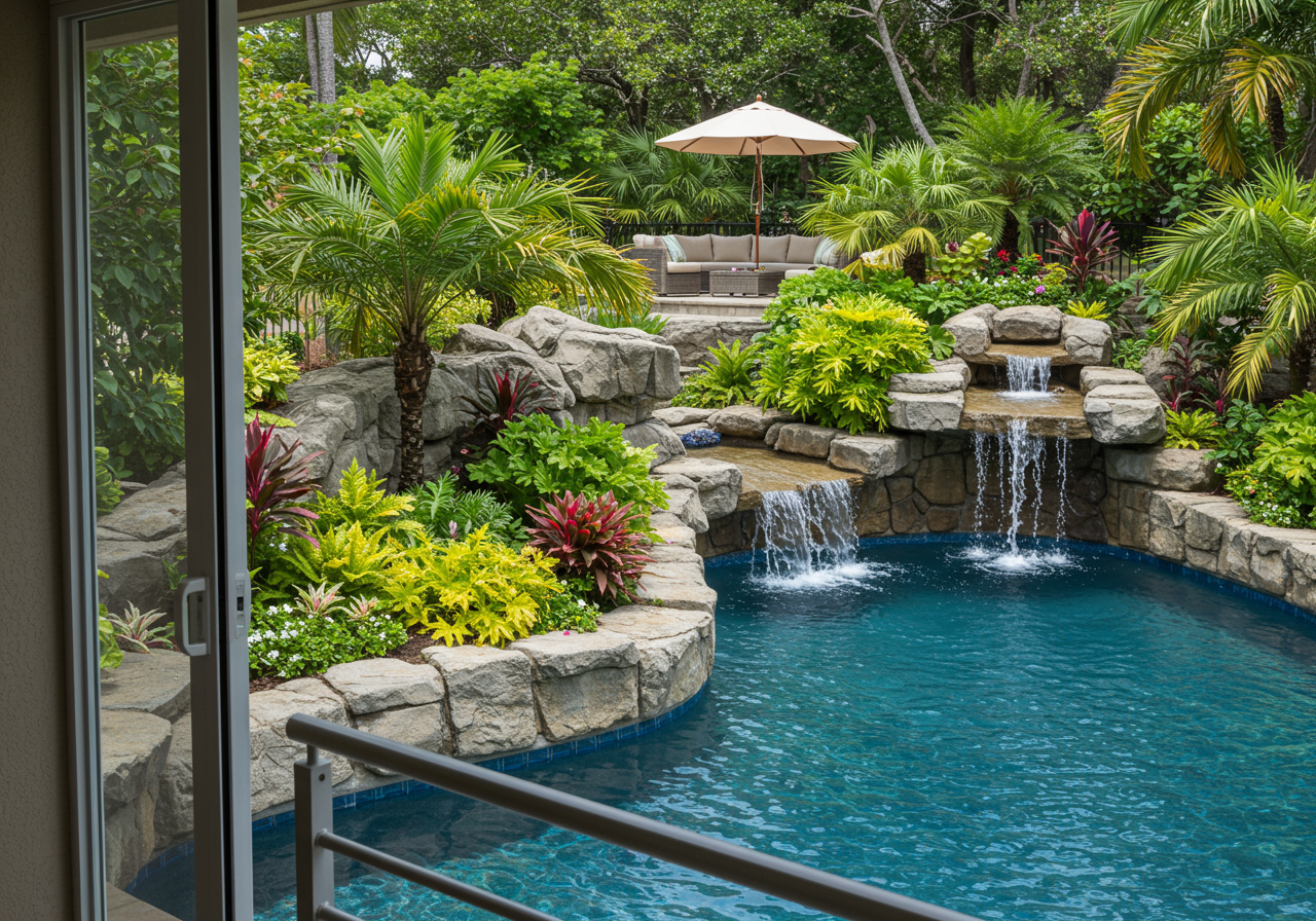 saltwater pool with waterfall