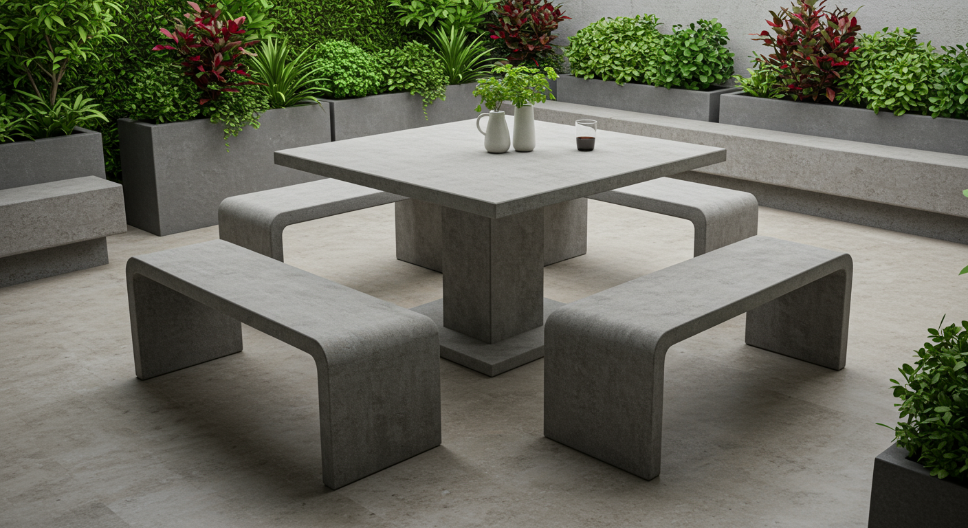 Concrete outdoor furniture set in small garden