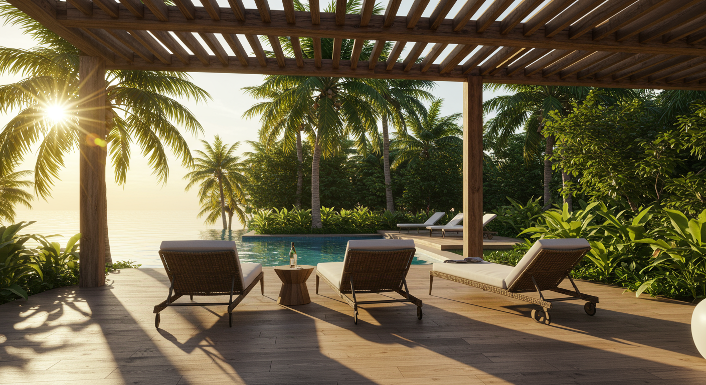 An outside terrace surrounded by lush greenery. 