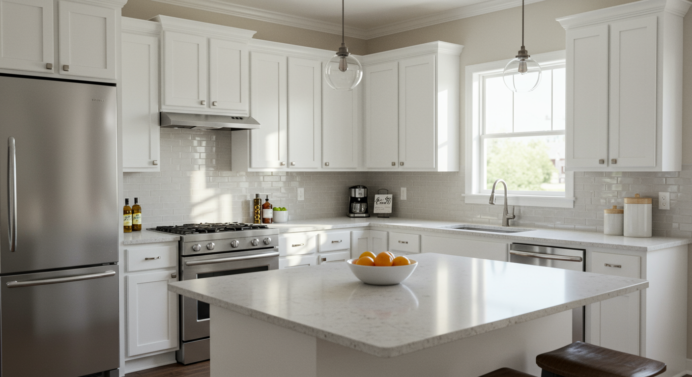 a kitchen with white cabinets