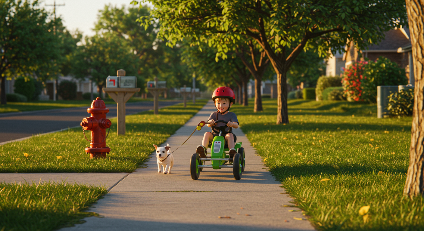 Kid riding a tricycle down a residential street in Norwalk CA