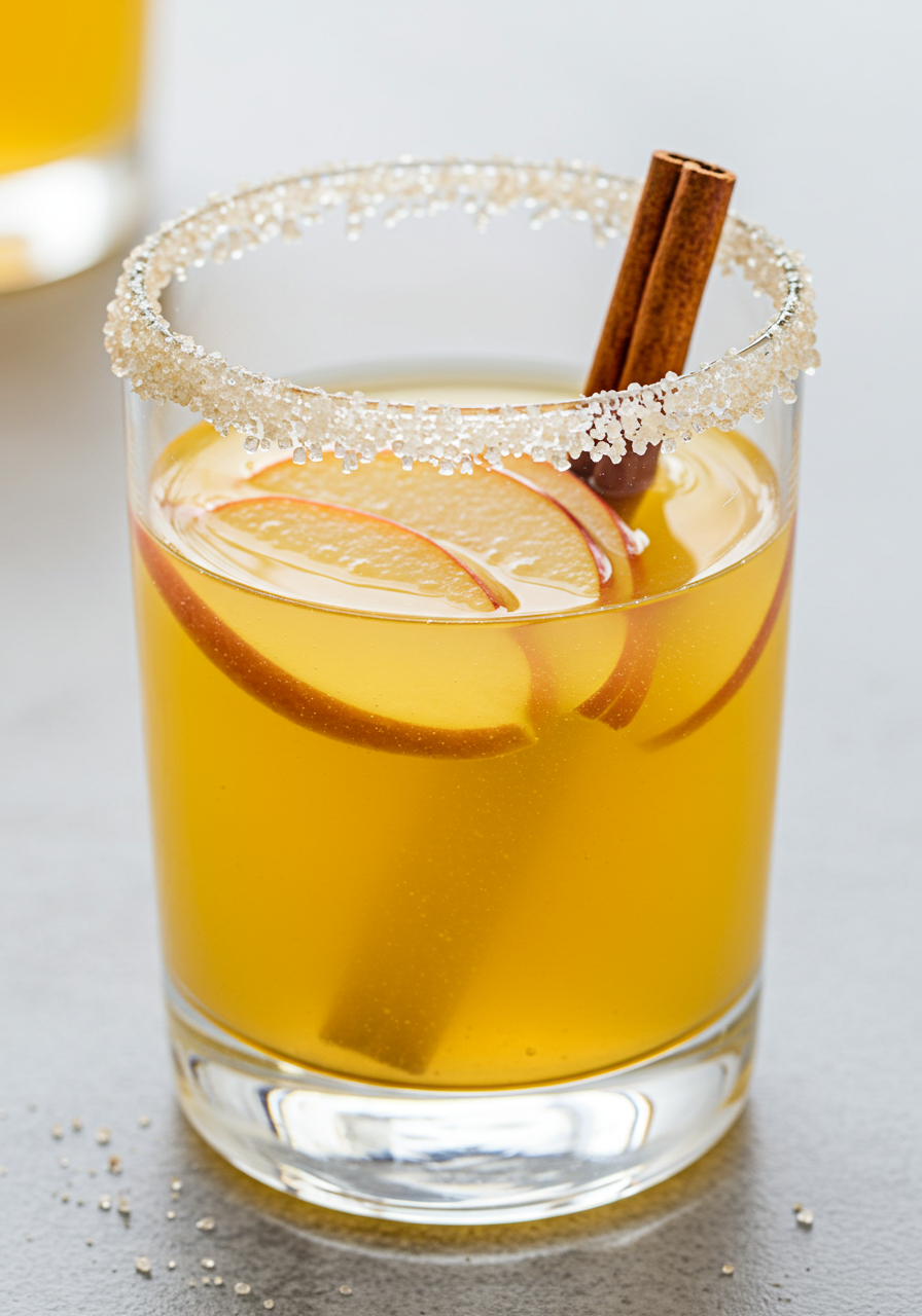 sparkling apple cider sangria with apple slices and cinnamon sticks