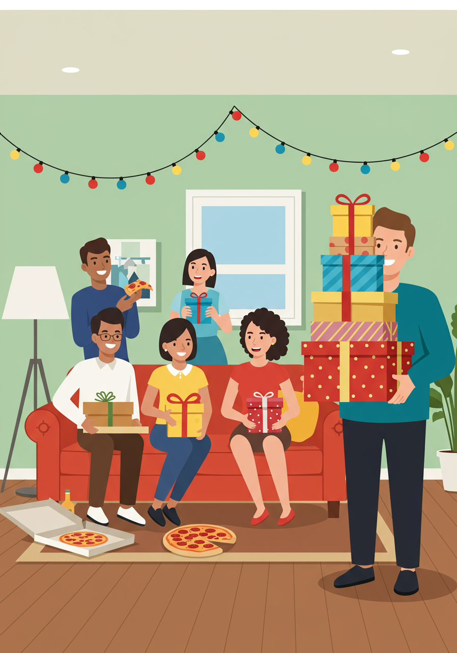Friends and family celebrate a new home with gifts and pizza in a living room.