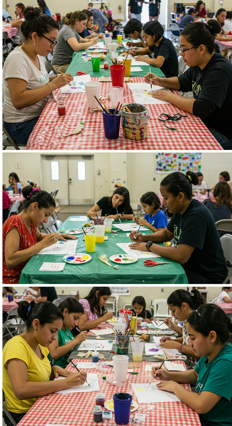 Women and children paint and draw together at tables during a community craft event.