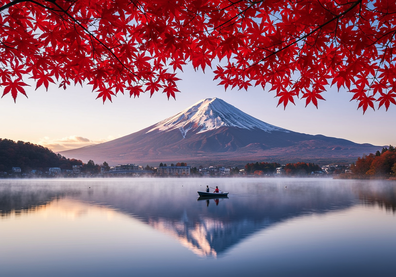 Fuji Mountain , Red Maple Tree and Fisherman Boat with Morning Mist in Autumn, Kawaguchiko Lake, Japan