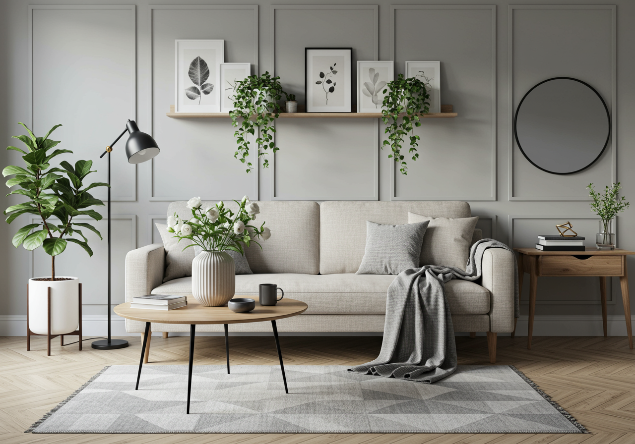 Staged living room with a neutral sofa, botanical artwork, leafy plants, and a geometric rug.