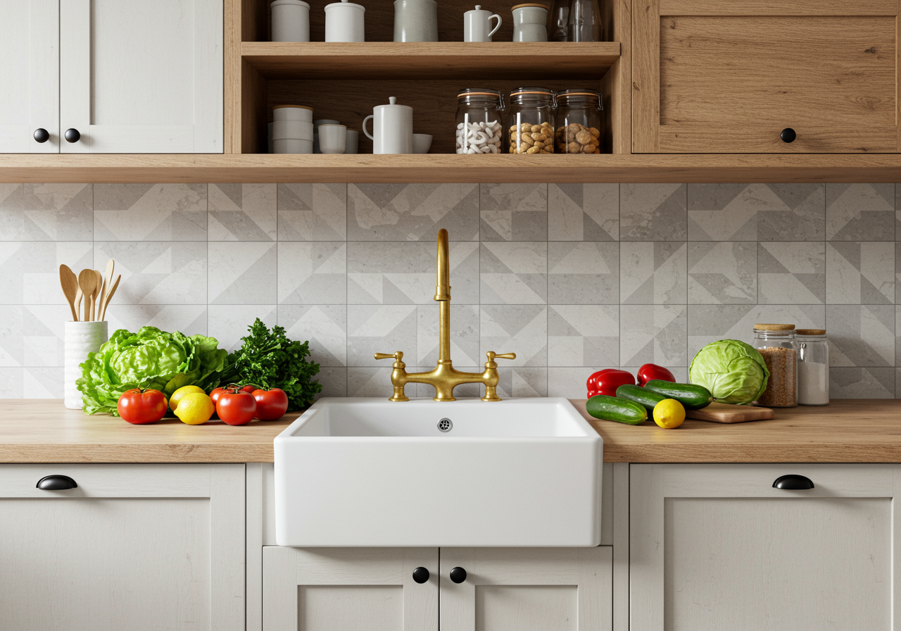 Stack of edible mushrooms, vegetables and fruits (tomatos, avocado, zucchini, oranges, apples, grapefruits, kohlrabi, chinese cabbage, savoy cabbage, cucumbers, radicchio) on countertop in modern rustic kitchen.