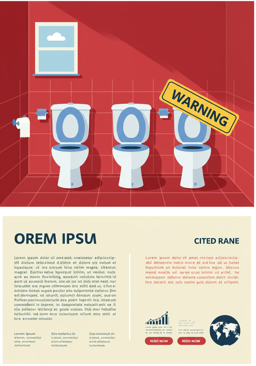Illustrated bathroom with three toilets and a yellow WARNING sign above a mock infographic layout.