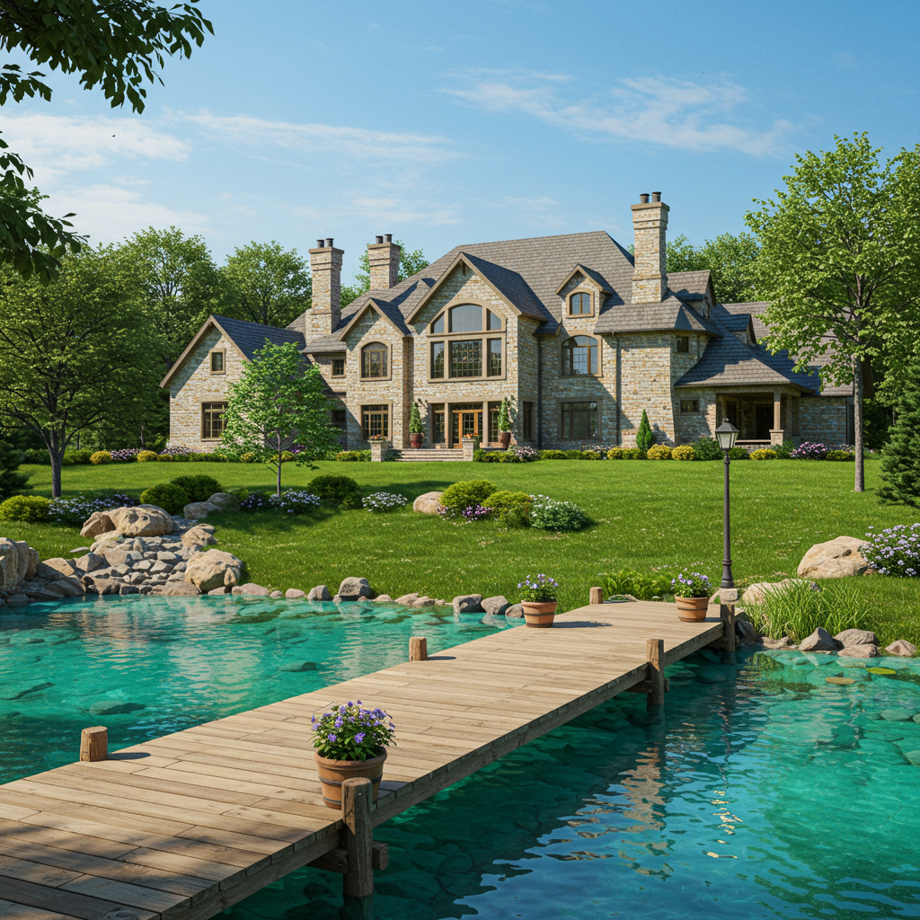 Stone house overlooking a turquoise backyard pool, with a wooden dock and landscaped lawn.