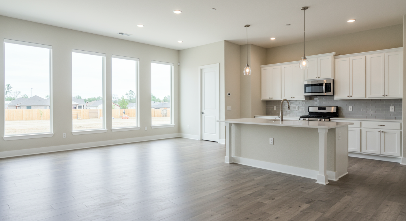 Vacant open-plan kitchen and living area with a large island, white cabinets, and tall windows.