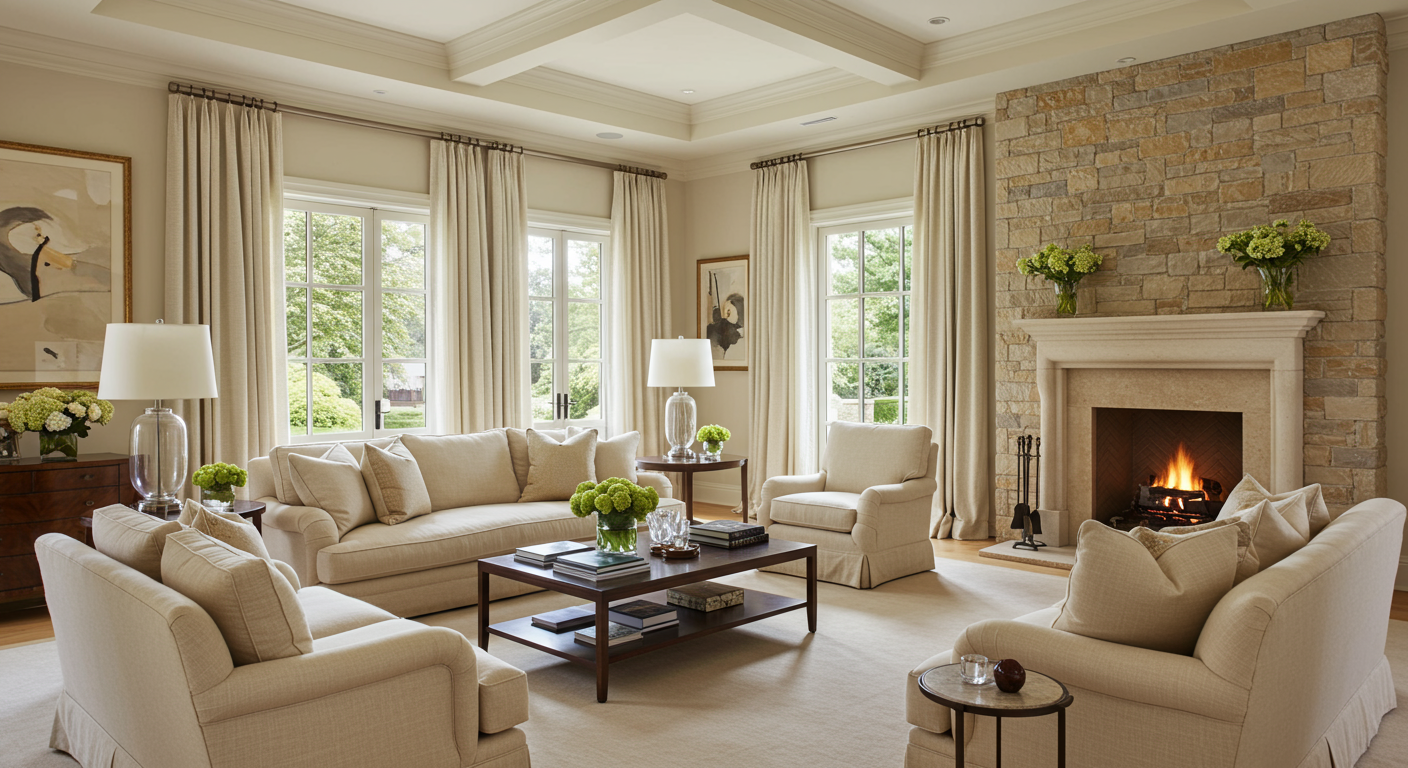 A living room with various furniture with cream-color décor, a stone fireplace, and large windows.