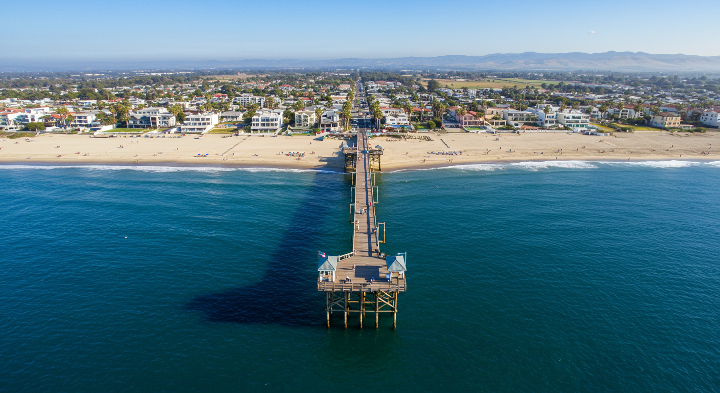 Aerial photo of the San Clemente Pier facing the California coastline