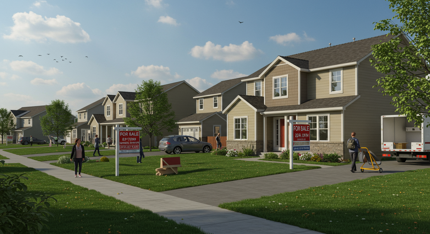 Suburban homes with FOR SALE signs, pedestrians, and a moving truck on a sunny street.