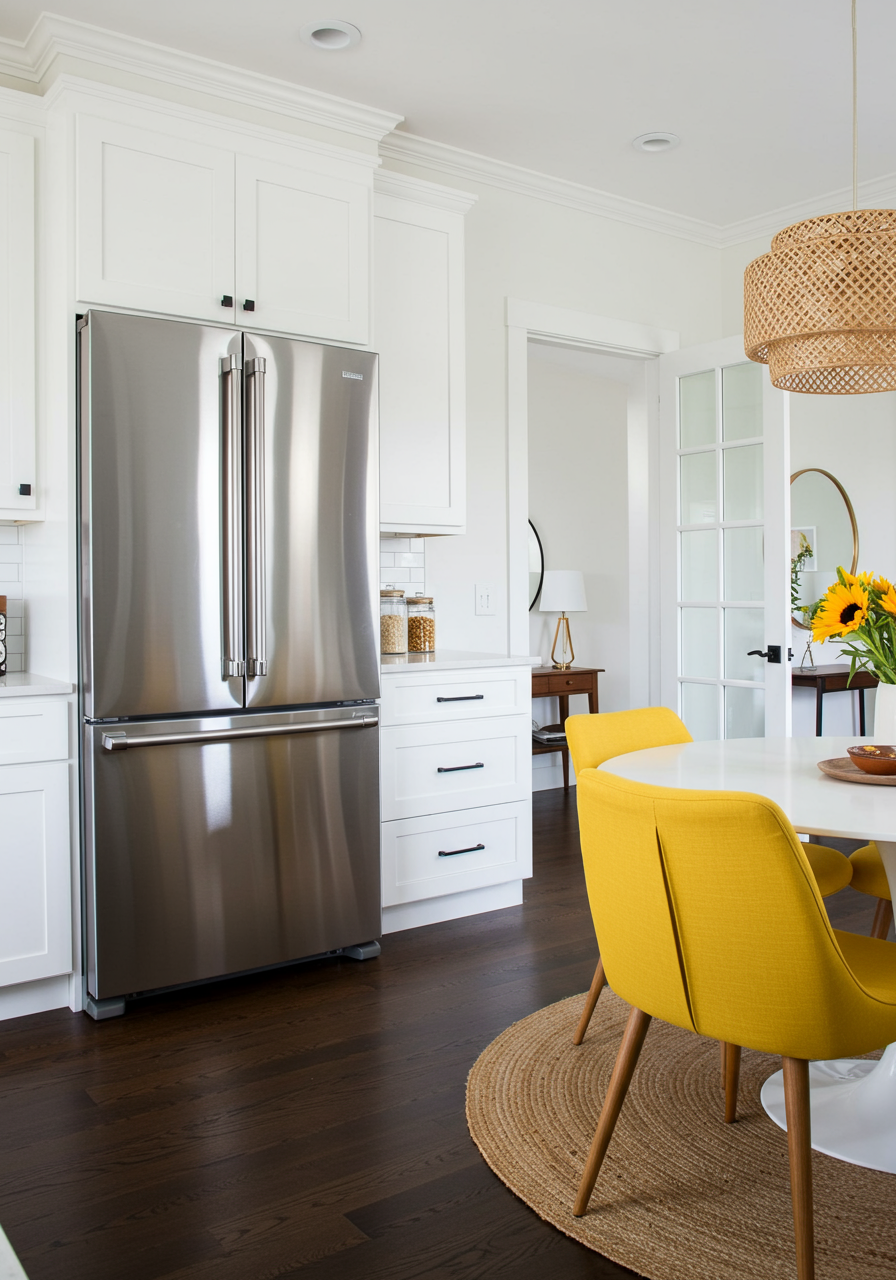white kitchen with big fridge