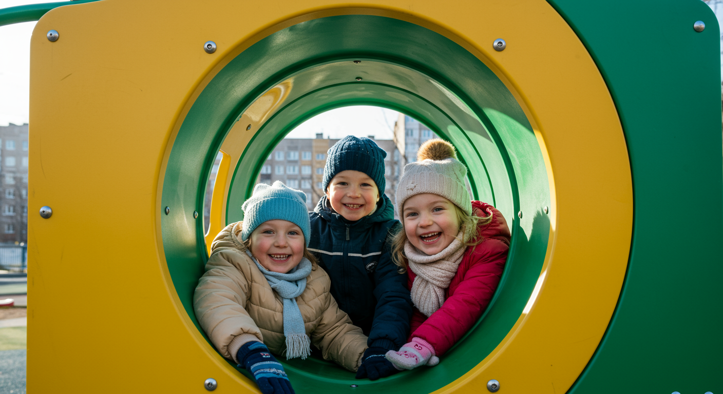 Three children smile inside a green-and-yellow playground tunnel.