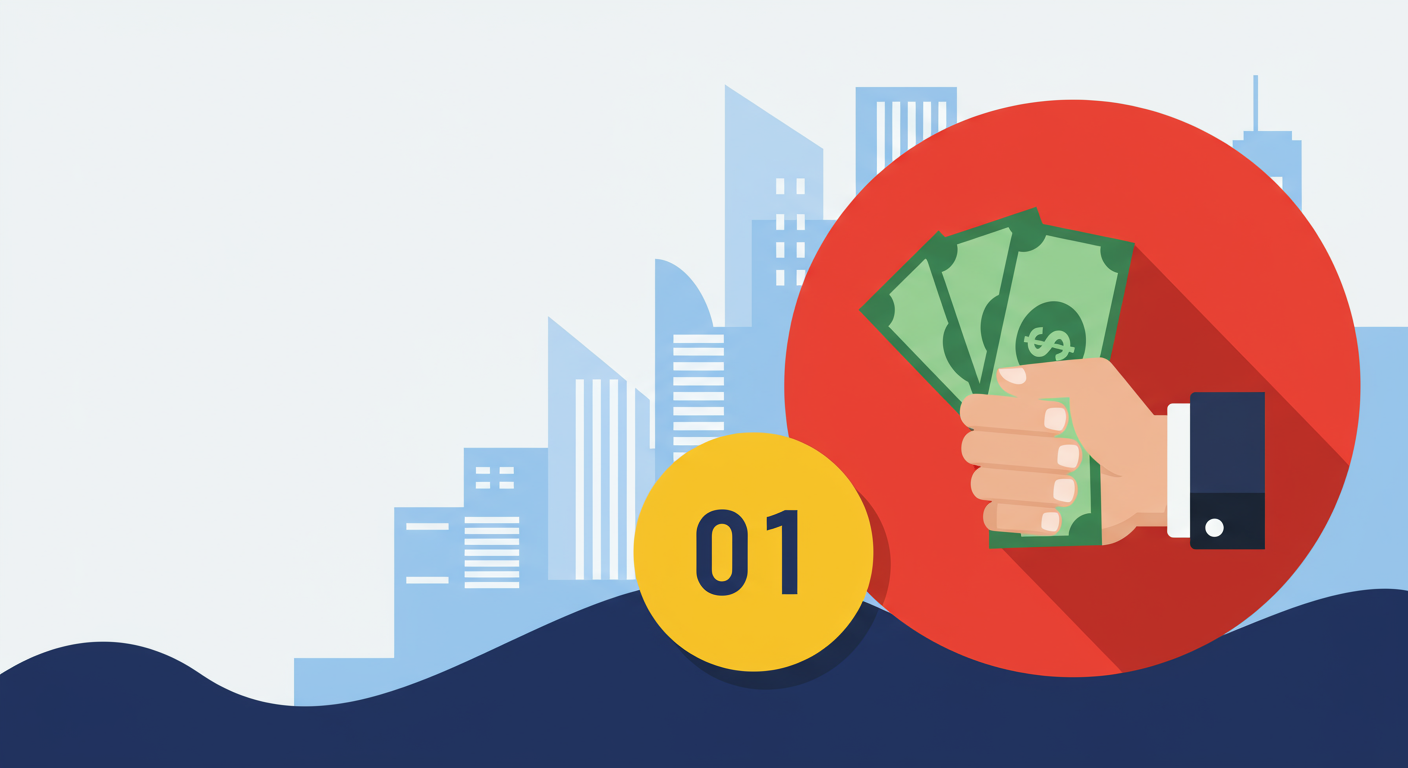 Section marker 01 with a hand holding cash against a city skyline.