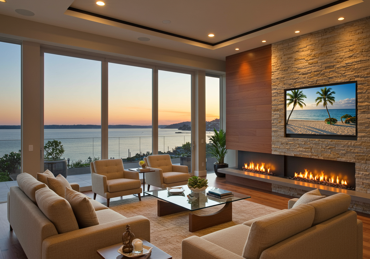 Modern interior looking out to water views in Long Beach's Naples Island