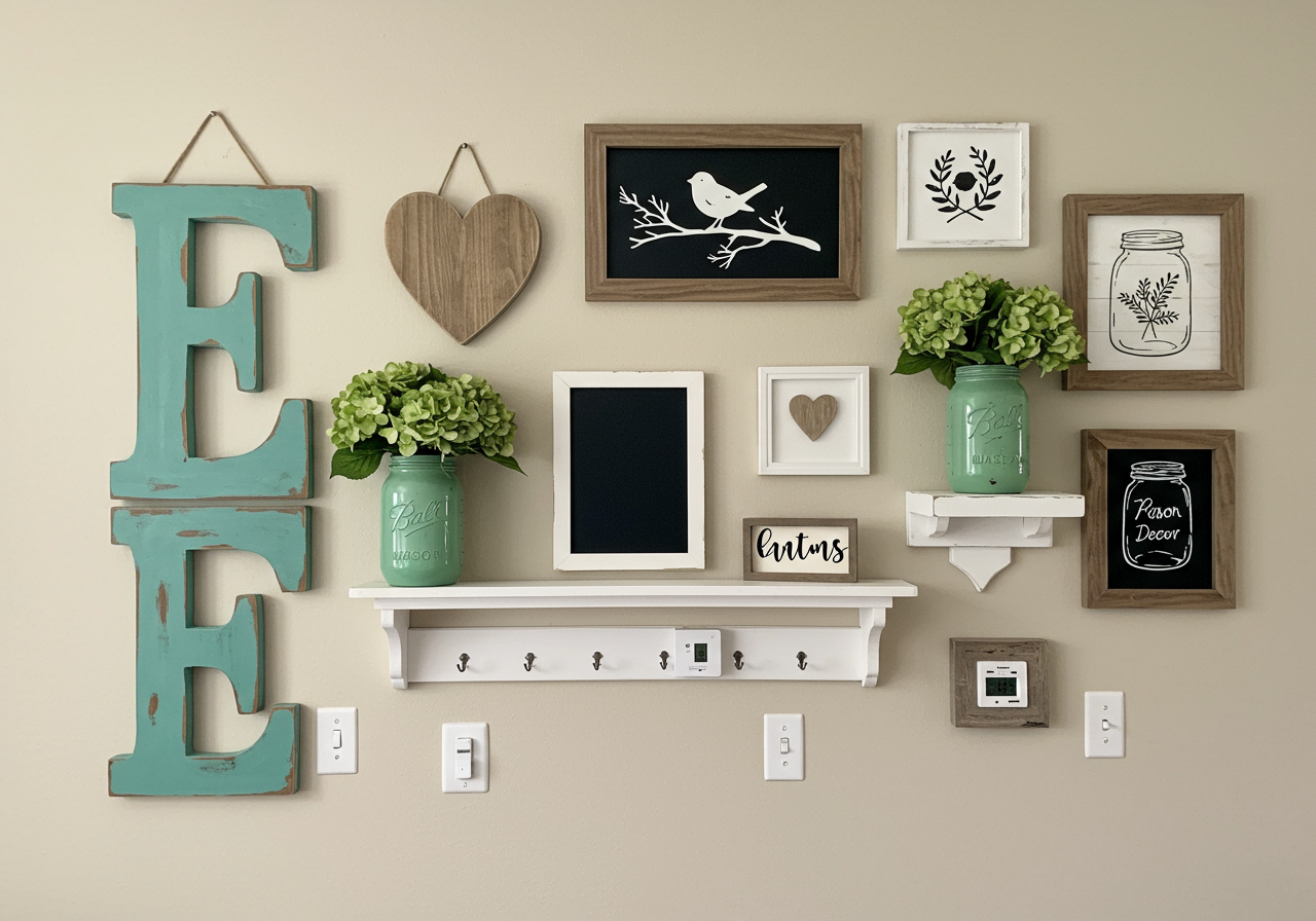 A beige wall with framed thermostat and other paintings