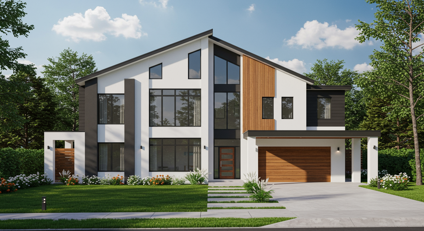 A modern, two-story house with a white exterior and a black roof.