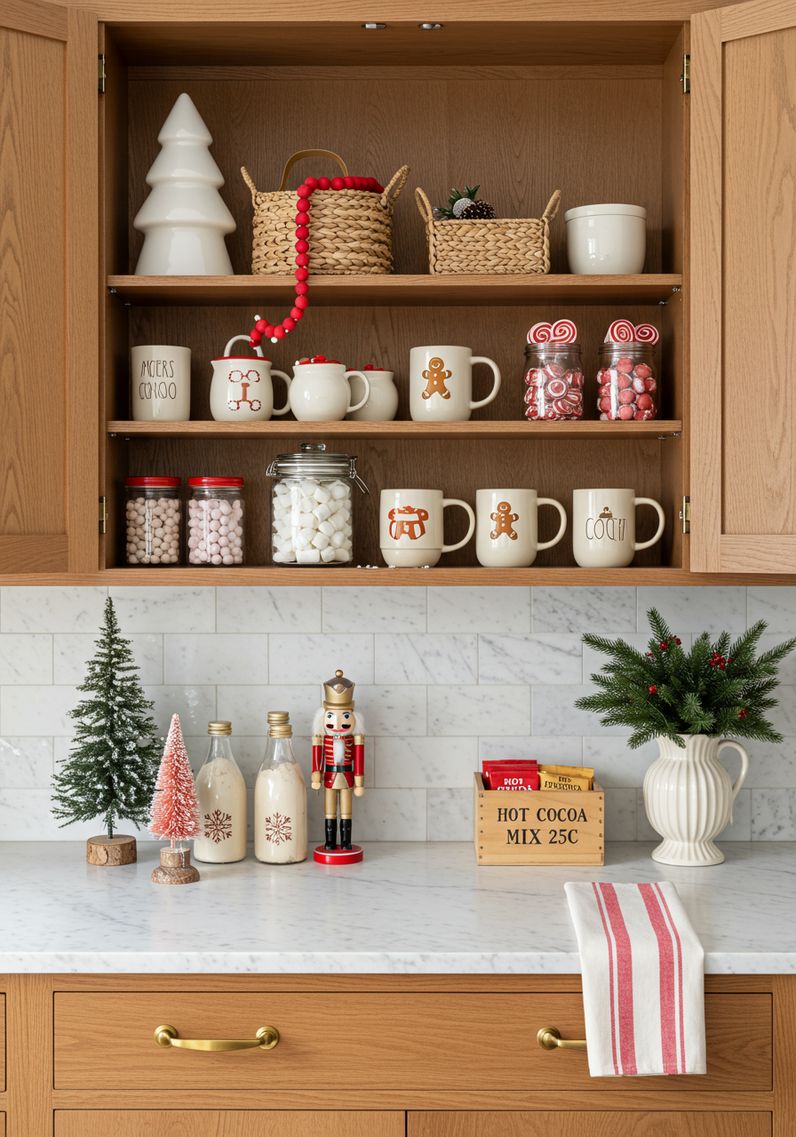 a wooden cabinet with a variety of objects on it