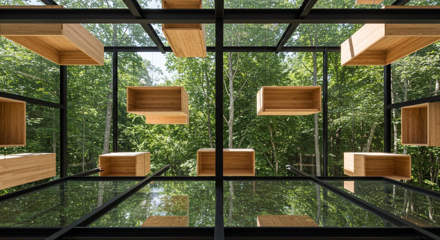 a closeup of a guest room with glass walls and bird houses