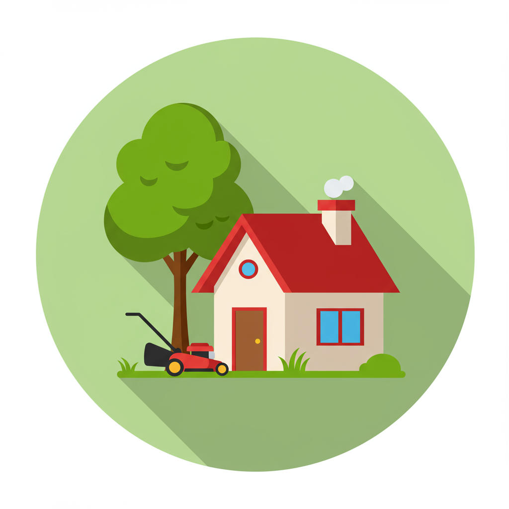 Illustrated house with a red roof, leafy tree, and lawn mower on the grass.