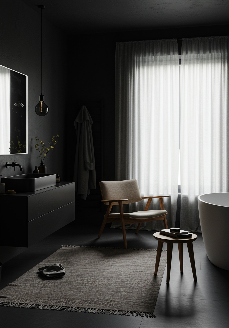 Image may contain Floor Chair Furniture Indoors Interior Design Home Decor Rug Bathing Bathtub Person and Tub