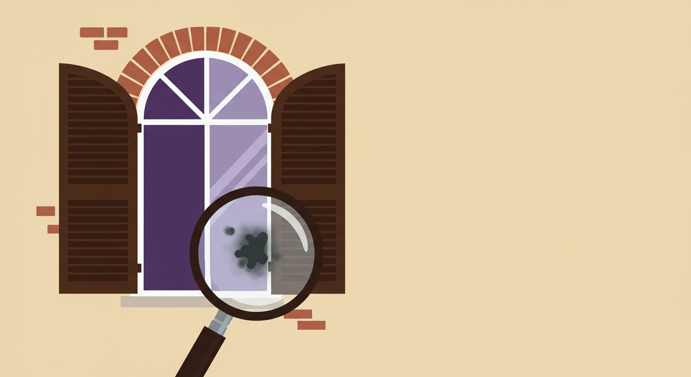 Magnifying glass highlighting a flaw in an arched window with open shutters