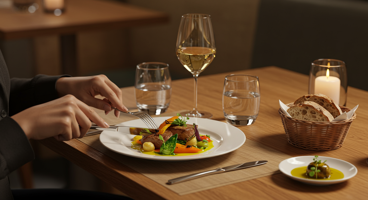Diner cuts into a gourmet meal beside wine glasses and a basket of bread.
