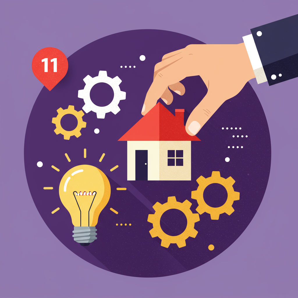Illustrated hand places a house among gears and a glowing light bulb; red pin marked 11.