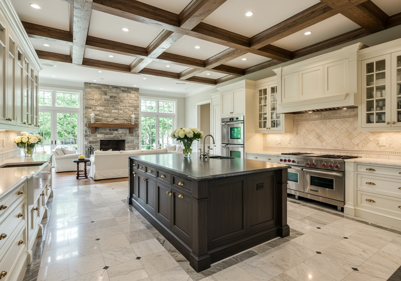 Kitchen with coffered ceilings and large center island