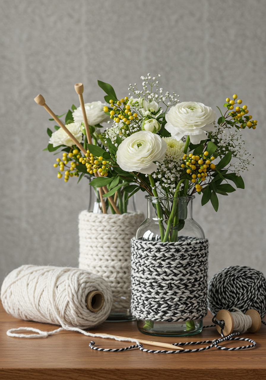 yarn wrapped vases with white flowers