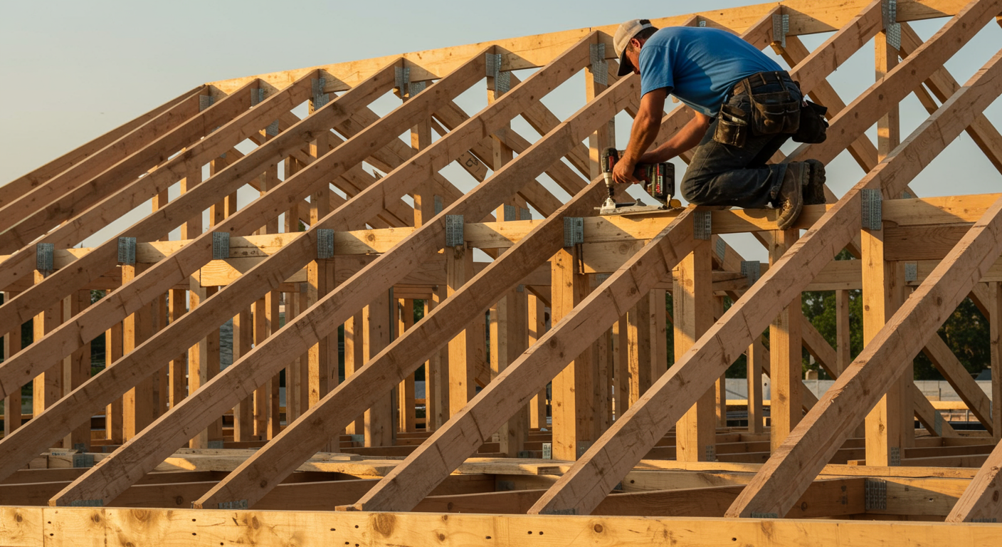 House under construction with a carpenter fastening exposed wooden roof trusses.