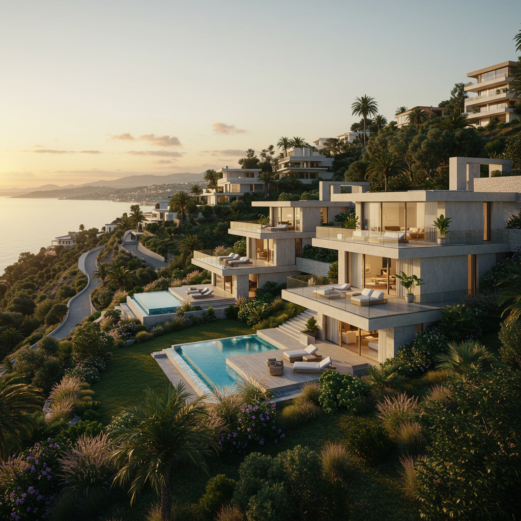 Panoramic artist view of Arch Beach Heights neighborhood, Laguna Beach, California, with nature and homes.