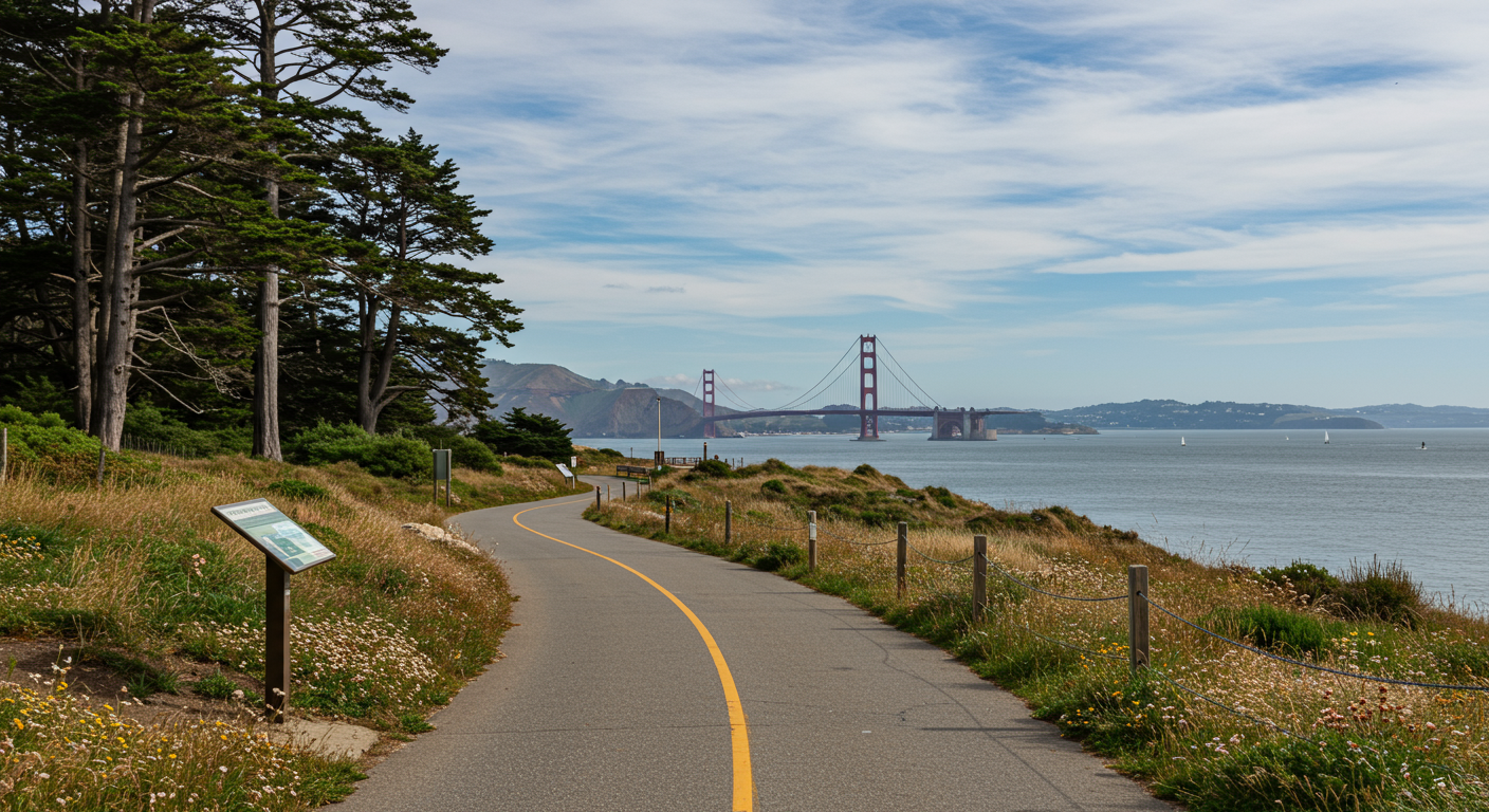 Enjoy panoramic views of the Golden Gate Bridge and the Bay Area while strolling along the scenic Presidio Promenade and Ecology Trail.