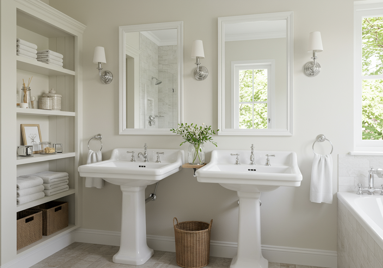 A bathroom with two pedestal sinks