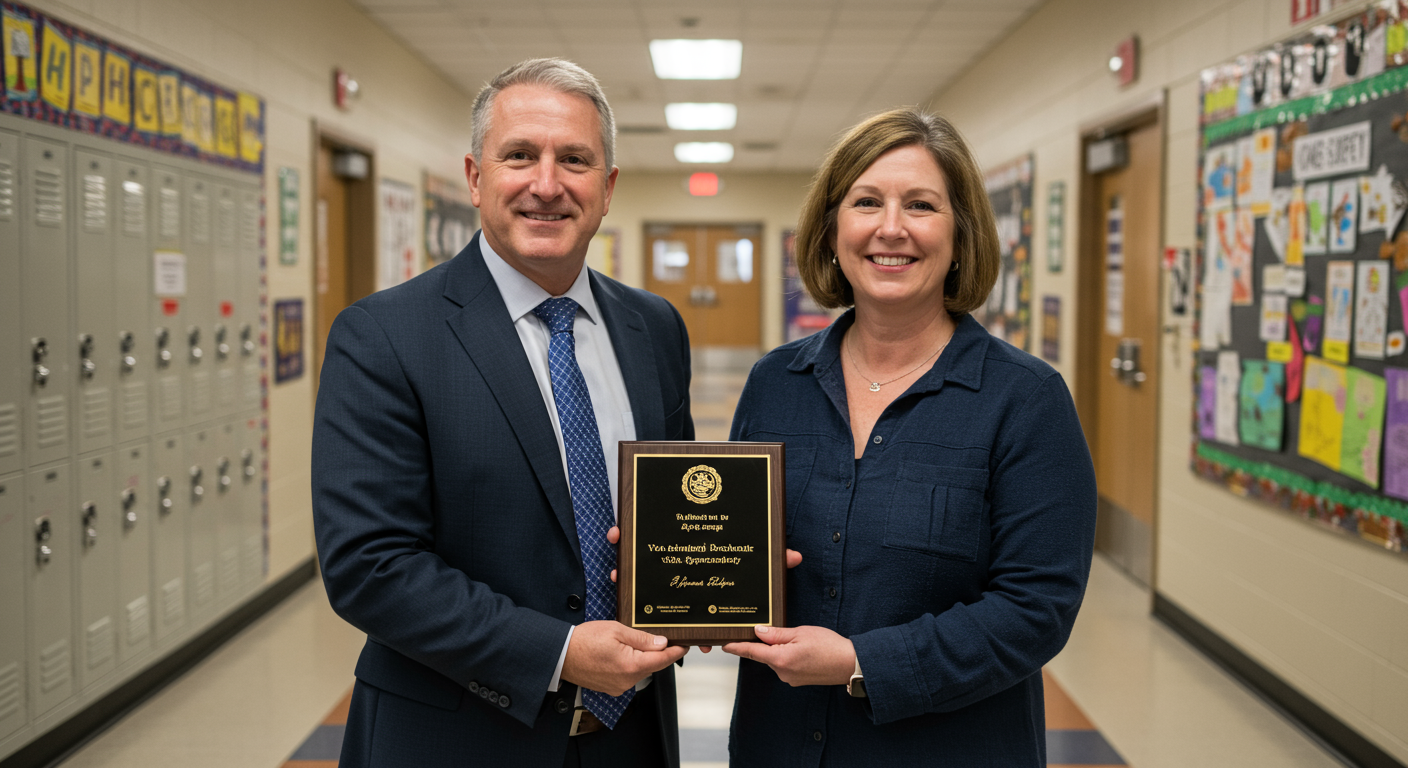 a man and woman holding a plaque