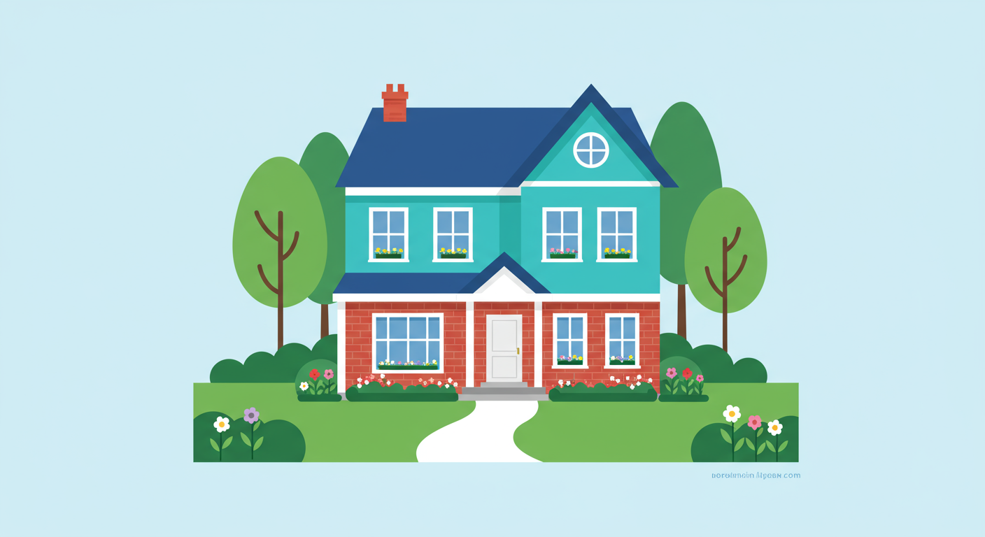 Illustrated two-story teal and brick house with a blue roof, spring flowers, and a curved walkway.