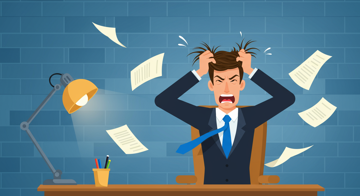 Frustrated businessman pulls his hair as papers fly around his desk.